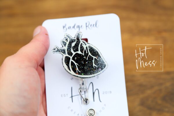 il_fullxfull.4308548119_62dy Black Anatomical Heart Badge Reel, Cardiologist Badge Reel, Nurse Badge Reel, Retractable ID Holder, Interchangeable, Glitter Badge Reel