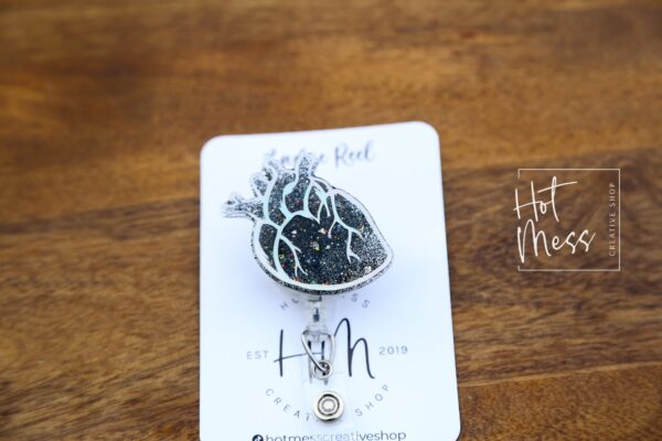 il_fullxfull.4308548139_rvm5 Black Anatomical Heart Badge Reel, Cardiologist Badge Reel, Nurse Badge Reel, Retractable ID Holder, Interchangeable, Glitter Badge Reel