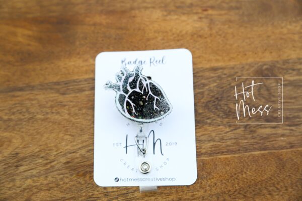 il_fullxfull.4308548739_toiu Black Anatomical Heart Badge Reel, Cardiologist Badge Reel, Nurse Badge Reel, Retractable ID Holder, Interchangeable, Glitter Badge Reel