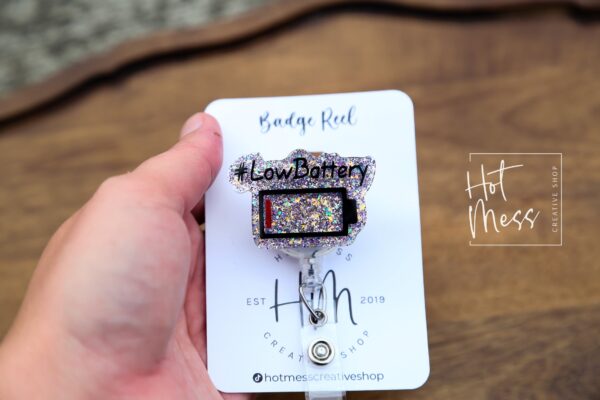 Low Battery Funny Badge Reel, RN ID Holder, Retractable Acrylic Badge Reel, Nurse Gift, Night Shift, Office Badge Reel