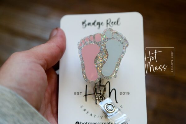 il_fullxfull.4316239634_i2ye Baby Feet ID Holder Badge Reel, NICU Badge Reel, Labor and Delivery Glitter Badge Reel, Post Partum Care Badge Reel