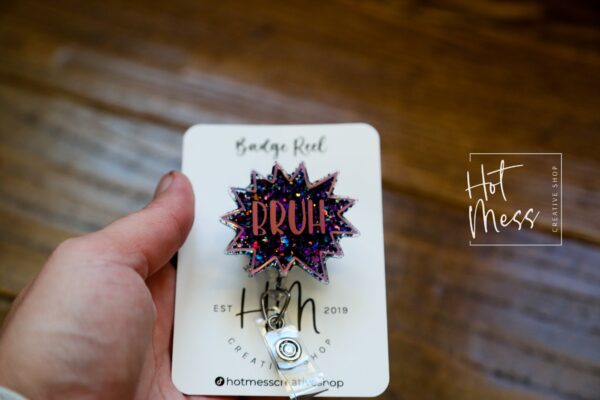 il_fullxfull.4316278502_p5xa Bruh Badge Reel, Funny Badge reel, RN ID Holder, Retractable Acrylic Badge Reel, Nurse Gift, Night Shift, Office Worker