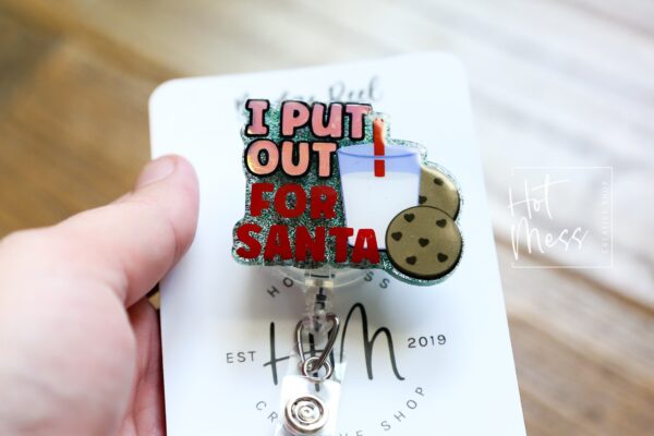 I put out for Santa Badge Reel, Christmas Badge Reel, Funny Badge Reel, Retractable ID Holder, Interchangeable, Glitter Badge Reel