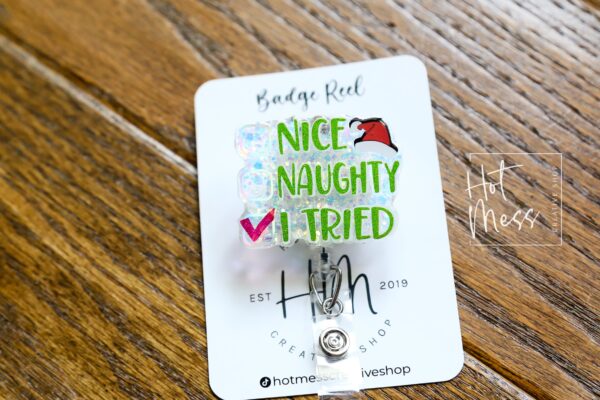 Nice, Naughty, I tried Badge Reel, Christmas Badge Reel, Funny Badge Reel, Retractable ID Holder, Interchangeable, Glitter Badge Reel