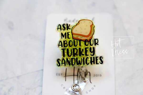 il_fullxfull.4333846563_lqlx Funny Badge Reel, Ask me about our turkey sandwiches, RN ID Holder, Retractable Acrylic Badge Reel, Nurse Gift, Night Shift, cute badge reel