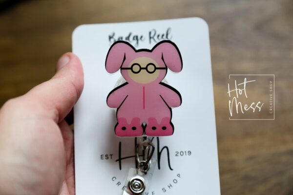 Pink Bunny Badge Reel, Christmas Badge Reel, Funny Badge Reel, Retractable ID Holder, Interchangeable, Stocking Stuffer