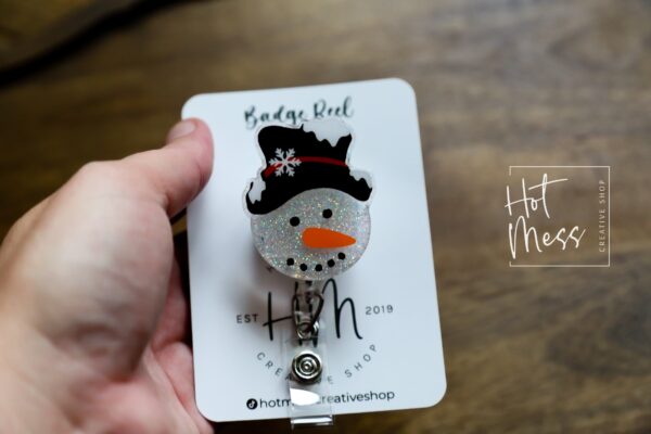 Snowman in a fancy hat Badge Reel, Christmas Badge Reel, Nurse Badge Reel, Retractable ID Holder, Glitter Badge Reel, Winter ID Holder