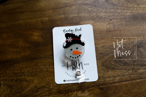 Snowman in a fancy hat Badge Reel, Christmas Badge Reel, Nurse Badge Reel, Retractable ID Holder, Glitter Badge Reel, Winter ID Holder