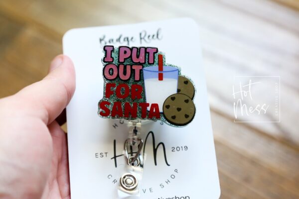 I put out for Santa Badge Reel, Christmas Badge Reel, Funny Badge Reel, Retractable ID Holder, Interchangeable, Glitter Badge Reel