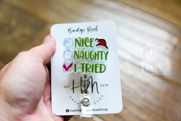 Nice, Naughty, I tried Badge Reel, Christmas Badge Reel, Funny Badge Reel, Retractable ID Holder, Interchangeable, Glitter Badge Reel