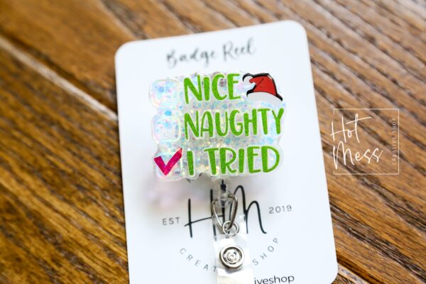 Nice, Naughty, I tried Badge Reel, Christmas Badge Reel, Funny Badge Reel, Retractable ID Holder, Interchangeable, Glitter Badge Reel