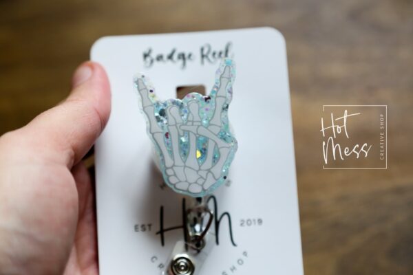 Radiology Rock On Sign Bones Badge Reel, Rad Life ID Holder, Retractable ID Holder, Glow in the dark