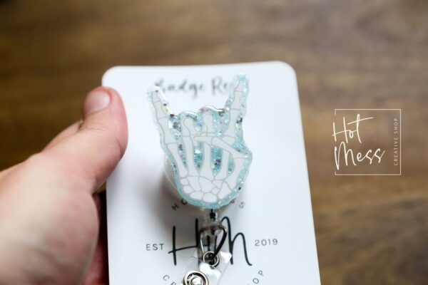 Radiology Rock On Sign Bones Badge Reel, Rad Life ID Holder, Retractable ID Holder, Glow in the dark