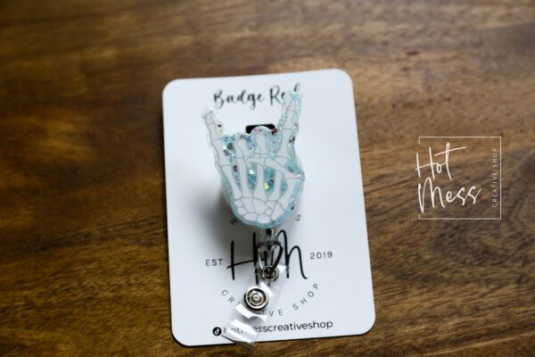 Radiology Rock On Sign Bones Badge Reel, Rad Life ID Holder, Retractable ID Holder, Glow in the dark