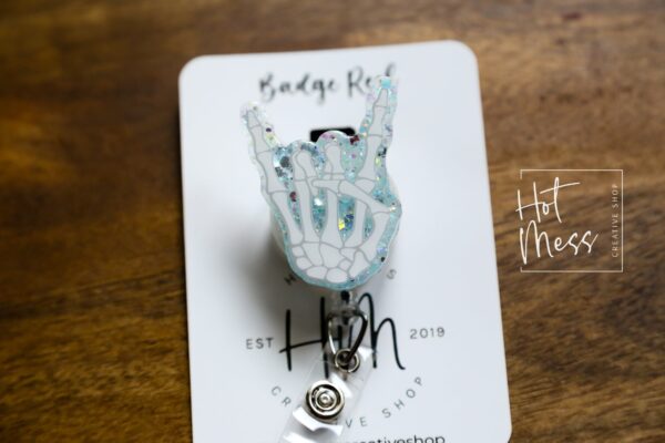 Radiology Rock On Sign Bones Badge Reel, Rad Life ID Holder, Retractable ID Holder, Glow in the dark