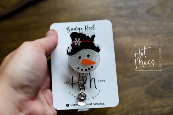 Snowman in a fancy hat Badge Reel, Christmas Badge Reel, Nurse Badge Reel, Retractable ID Holder, Glitter Badge Reel, Winter ID Holder