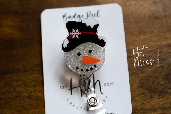 Snowman in a fancy hat Badge Reel, Christmas Badge Reel, Nurse Badge Reel, Retractable ID Holder, Glitter Badge Reel, Winter ID Holder