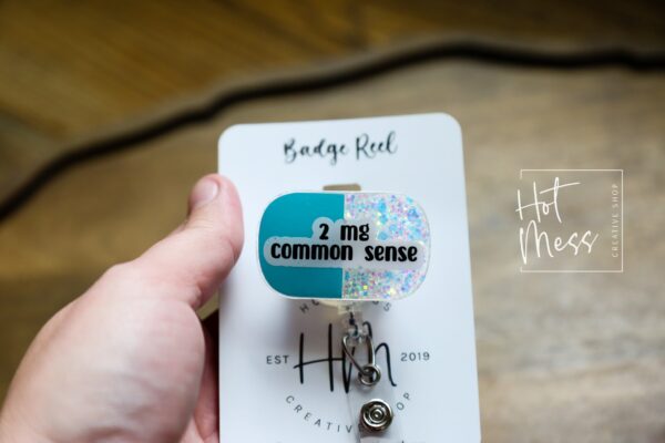 Funny Pharmacy Badge Reel – 2mg Common Sense Retractable ID Holder for Pharmacy Techs & Nurses, Stocking Stuffer