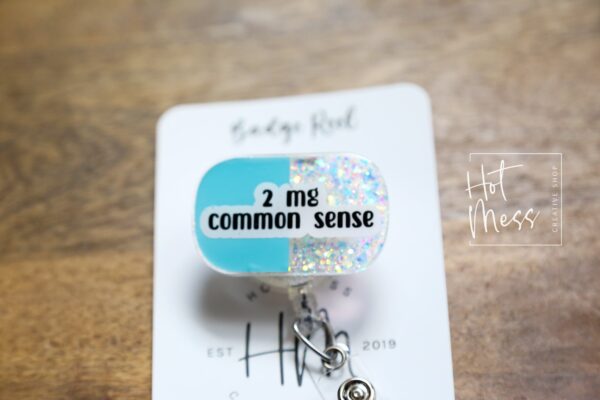 Funny Pharmacy Badge Reel – 2mg Common Sense Retractable ID Holder for Pharmacy Techs & Nurses, Stocking Stuffer