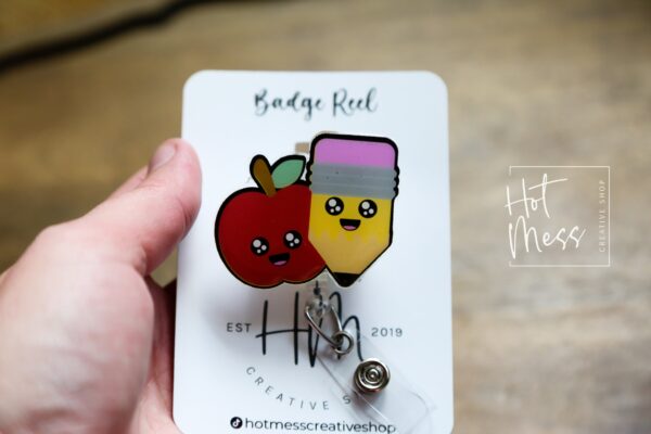 il_fullxfull.4431045256_4boz Pencil and Apple Teacher Badge Reel, ID Holder, Interchangeable Badge Reel, Pencil, Apple, Teacher Gift, Back to School