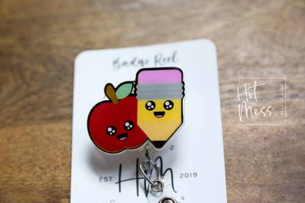 il_fullxfull.4431045262_ber0 Pencil and Apple Teacher Badge Reel, ID Holder, Interchangeable Badge Reel, Pencil, Apple, Teacher Gift, Back to School