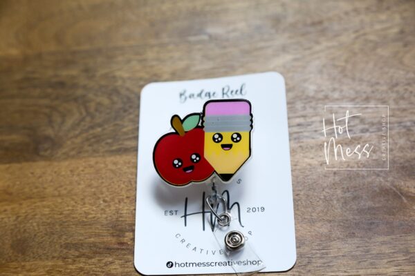 il_fullxfull.4431045268_nwn7 Pencil and Apple Teacher Badge Reel, ID Holder, Interchangeable Badge Reel, Pencil, Apple, Teacher Gift, Back to School