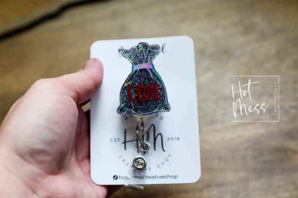 Bag of Coal Badge Reel, Christmas Badge Reel, Nurse Badge Reel, Retractable ID Holder, Interchangeable, Stocking Stuffer