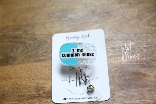 Funny Pharmacy Badge Reel – 2mg Common Sense Retractable ID Holder for Pharmacy Techs & Nurses, Stocking Stuffer