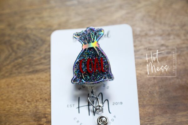 Bag of Coal Badge Reel, Christmas Badge Reel, Nurse Badge Reel, Retractable ID Holder, Interchangeable, Stocking Stuffer