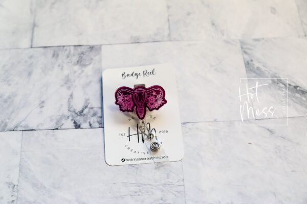 Floral Uterus Badge Reel, Retractable Badge Reel, Interchangeable Badge Reel, Engraved Badge Reel