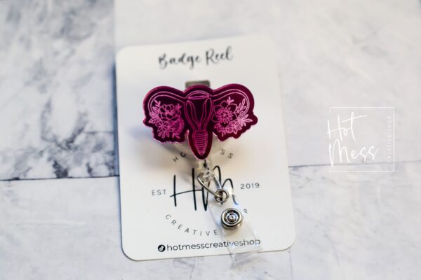 Floral Uterus Badge Reel, Retractable Badge Reel, Interchangeable Badge Reel, Engraved Badge Reel