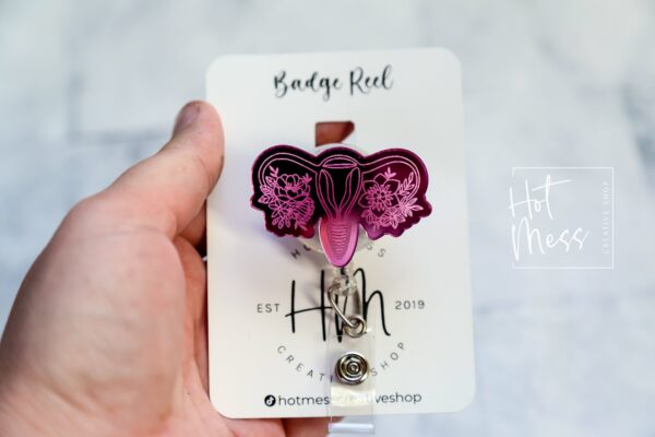 Floral Uterus Badge Reel, Retractable Badge Reel, Interchangeable Badge Reel, Engraved Badge Reel