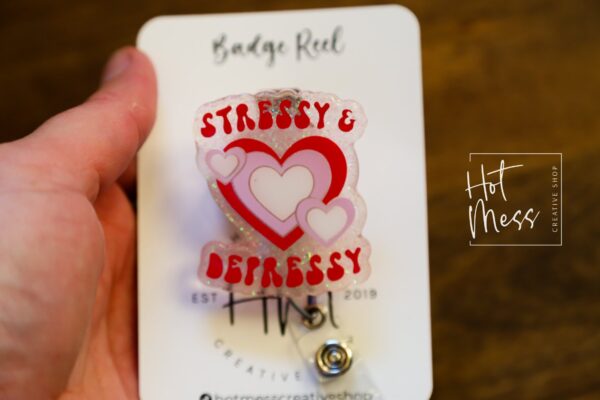 Valentines Day Badge Reel, Stressy and Depressy,  Nurse Badge Reel, Retractable ID Holder, Interchangeable, Glitter Badge Reel