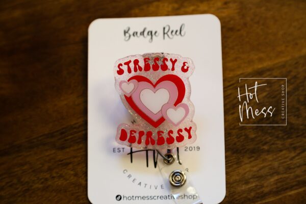 Valentines Day Badge Reel, Stressy and Depressy,  Nurse Badge Reel, Retractable ID Holder, Interchangeable, Glitter Badge Reel