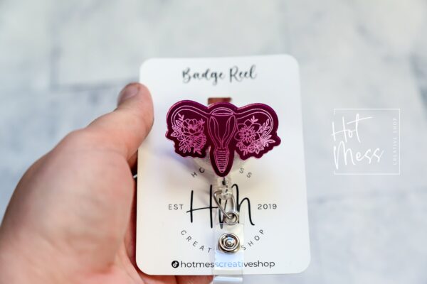 Floral Uterus Badge Reel, Retractable Badge Reel, Interchangeable Badge Reel, Engraved Badge Reel