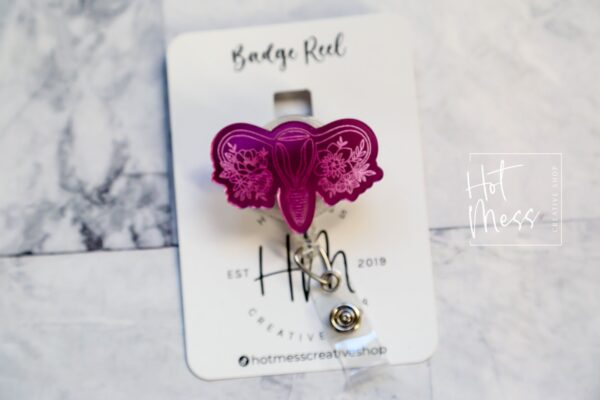 Floral Uterus Badge Reel, Retractable Badge Reel, Interchangeable Badge Reel, Engraved Badge Reel