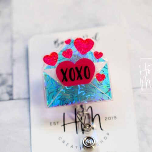 Valentines Day Badge Reel, Love Letter,  Nurse Badge Reel, Retractable ID Holder, Interchangeable, Glitter Badge Reel