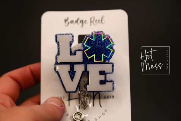 Love EMT Badge Reel, EMS Badge Reel, Glitter Badge Reel, Retractable Badge Reel, Interchangeable Badge Reel