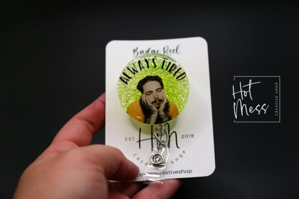 Funny Badge Reel, Glitter Badge Reel RN ID Holder, Always Tired, Badge Holder, Retractable Badge Reel