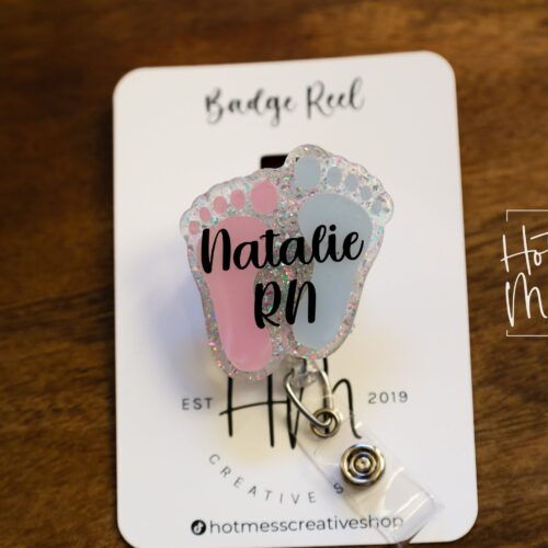 Baby Feet ID Holder Badge Reel, NICU Badge Reel, Labor and Delivery Glitter Badge Reel, Post Partum Care Badge Reel