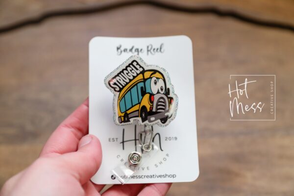 il_fullxfull.4572857374_j8lo Silver Struggle Bus Funny Badge Reel, RN ID Holder, Nurse Gift, Night Shift, Paramedic gift, Office Worker