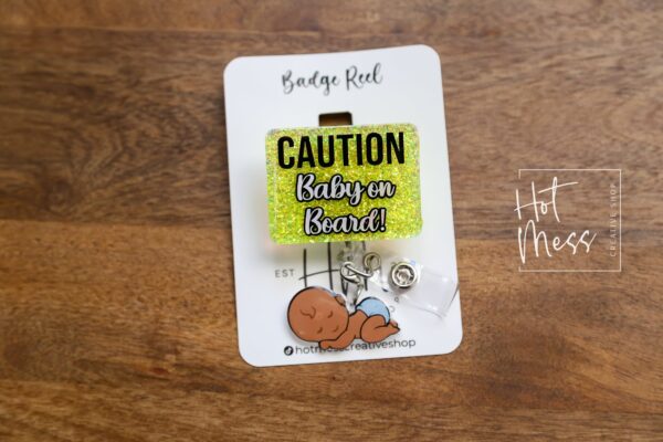 Caution Baby on Board Badge Reel, gift for expectant mother, ID Holder, Retractable Acrylic Badge Reel, Office Worker