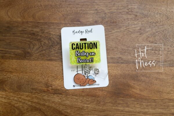 Caution Baby on Board Badge Reel, gift for expectant mother, ID Holder, Retractable Acrylic Badge Reel, Office Worker