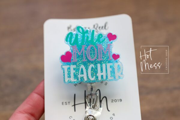 Wife Mom Teacher Badge Reel, ID Holder, Interchangeable Badge Reel, Teacher Gift, Daycare Teacher, Teacher Lanyard