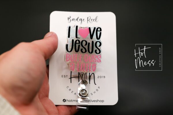 I love Jesus, But I cuss a little Badge Reel, Retractable Badge Reel, Interchangeable Badge Reel, Funny Badge Reel, Dark Humor