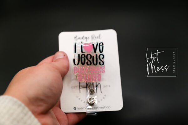 I love Jesus, But I cuss a little Badge Reel, Retractable Badge Reel, Interchangeable Badge Reel, Funny Badge Reel, Dark Humor