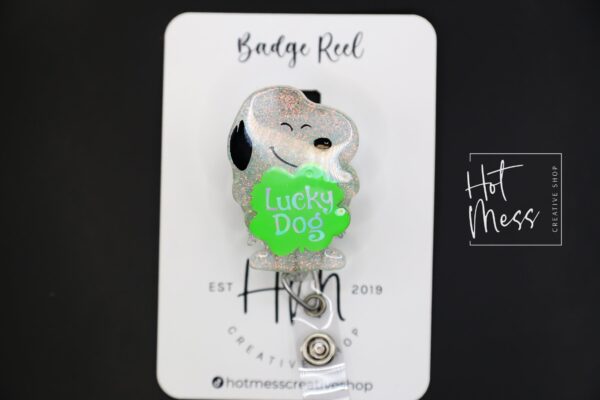 il_fullxfull.4591507617_t7tn St. Patrick's day Badge Reel, Happy Dog, Nurse Badge Reel, Retractable ID Holder, Interchangeable, Glitter Badge Reel
