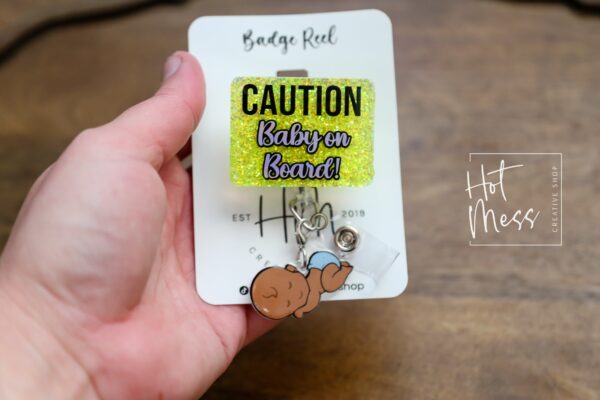 Caution Baby on Board Badge Reel, gift for expectant mother, ID Holder, Retractable Acrylic Badge Reel, Office Worker