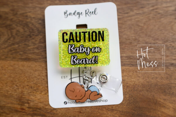 Caution Baby on Board Badge Reel, gift for expectant mother, ID Holder, Retractable Acrylic Badge Reel, Office Worker