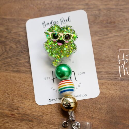 St. Patrick's day Badge Reel, Happy Shamrock, Nurse Badge Reel, Retractable ID Holder, Interchangeable, Glitter Badge Reel